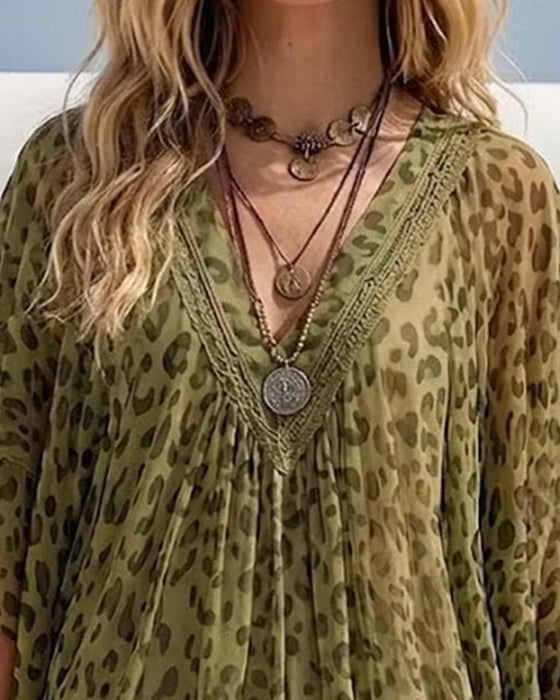 Bluse V-Hals Uregelmessig Leopard