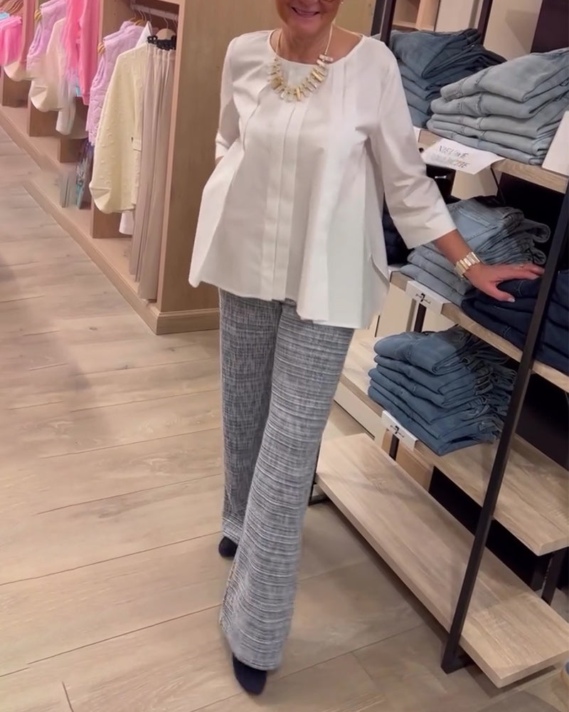 Topp Trekvarts Erm Rund Hals Plissert