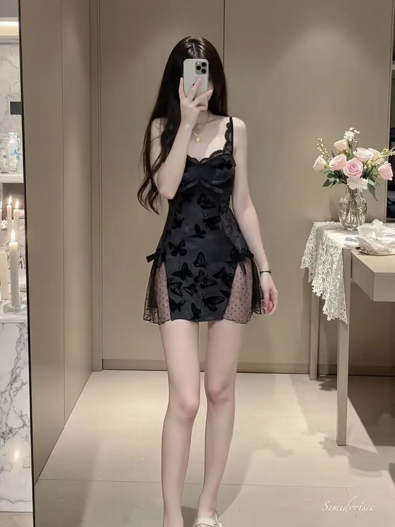 Dame Slim Fit Nattkjole Med Lav V-Hals Snøring Sommerfuglprint Topp Og Ryggløs Lounge-Sett