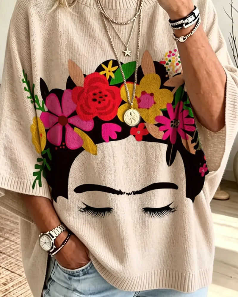 Loose Fit Ansikt Blomstret Trykk Pullover
