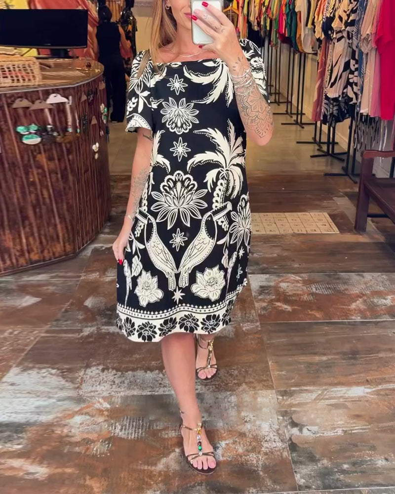 Kjole Bred Krage Rett Halsringning Trykt