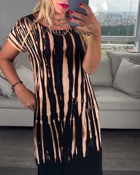 Kjole avslappet kortermet splitt rund hals trykt