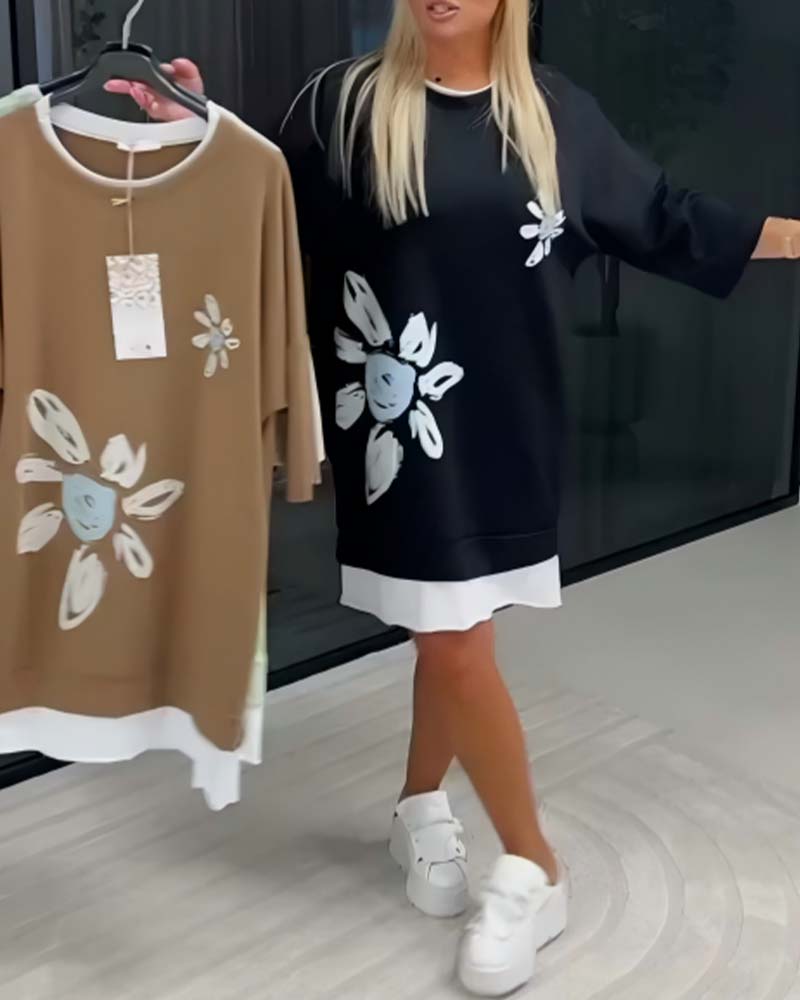 Sweatshirtkjole Rund Hals Trykt Lappeteknikk