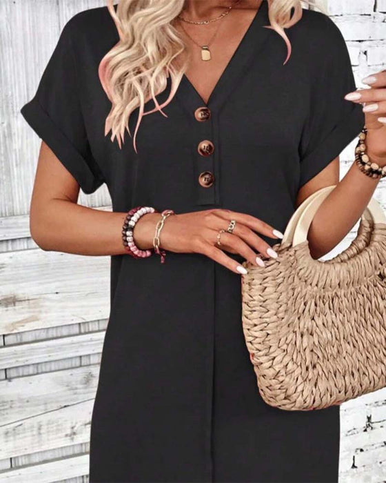 Kjole V-Utringning Knappefront Solid Casual