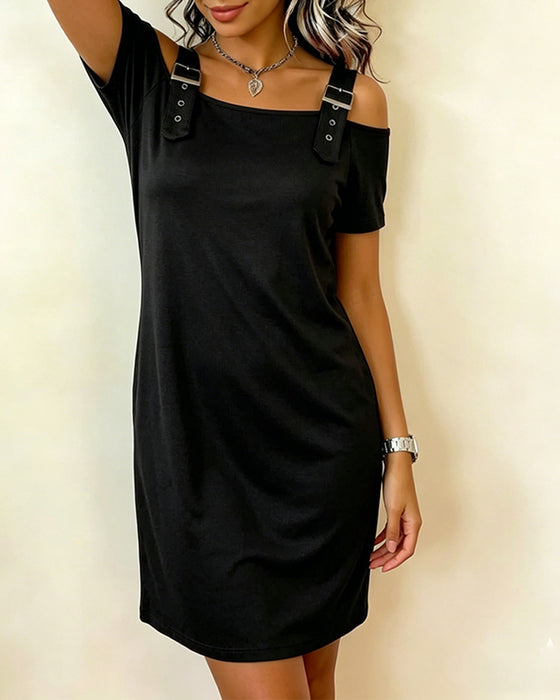 Kjole Metallring Off-Shoulder Ensfarget Kortsermet