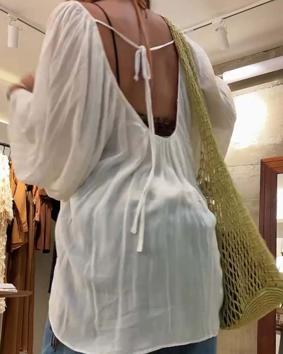 Bluse Puff Lanterne Erme Rynket Rund Hals