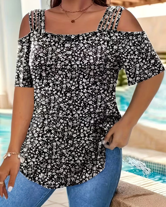 T-Skjorte Off-Shoulder Blomstret Trykk Kortsermet
