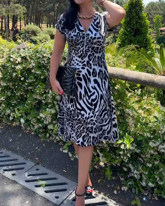 Kjole V-Hals Glidelås Leopardtrykk