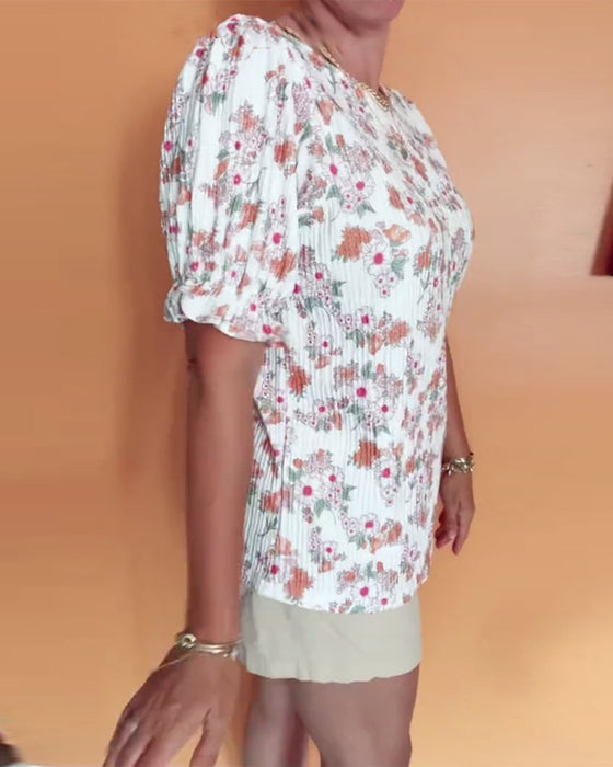 Bluse Rund Hals Blomstret Kort Erme