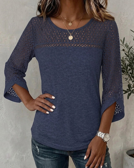 T-Shirt Hollow Out Lang Erme Patchwork