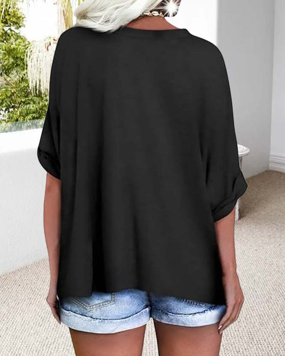 T-Skjorte V-Utringning Rullet Kant Korteermet Løs