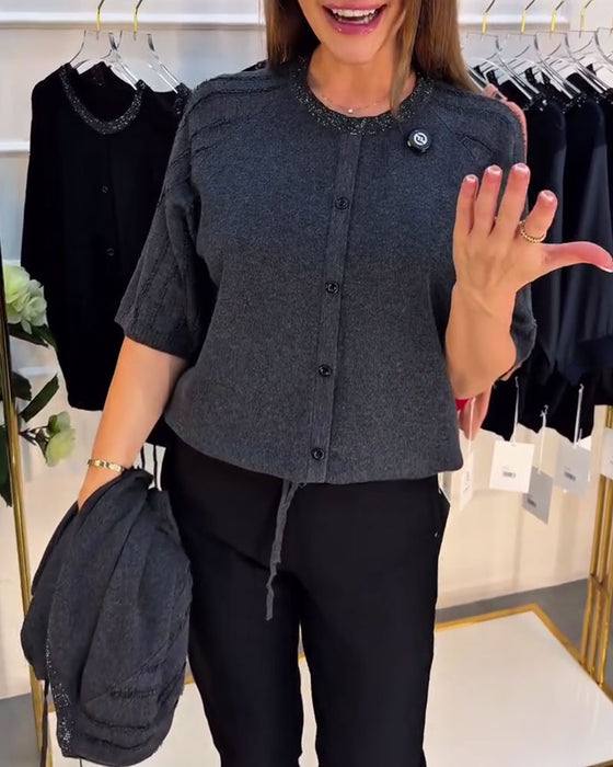 Pullover Rund Hals Kort Erme Enkeltknappet