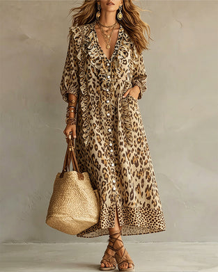 Kjole Leopardtrykk Rynkekant Fall Maxi