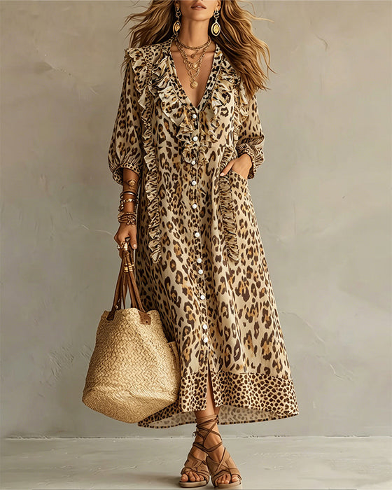 Kjole Leopardtrykk Rynkekant Fall Maxi