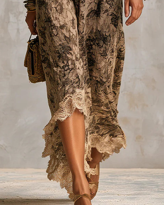Kjole V-Hals Blonde Patchwork Asymmetrisk