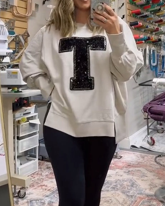 Sweatshirt T-Design Paljett Brodert Rund Hals