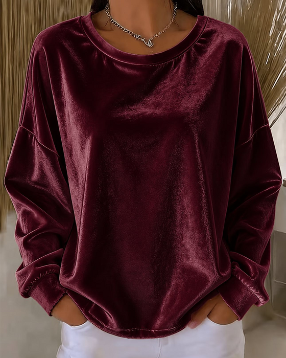 Bluse Rund Hals Drop Skulder Avslappet Lang Erme