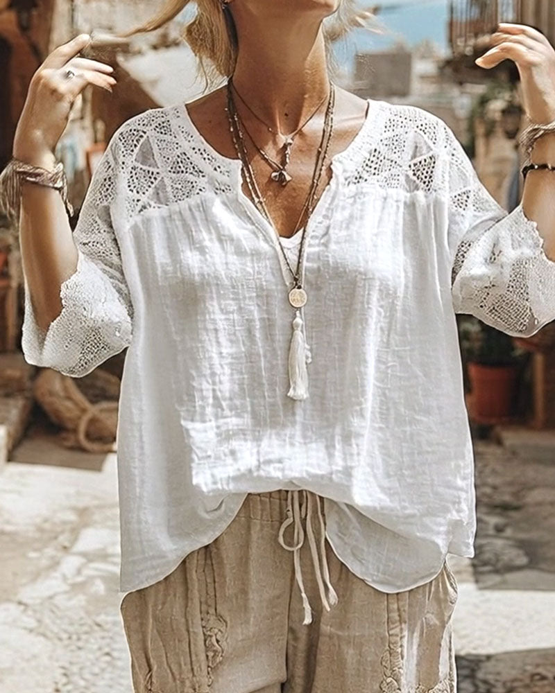 Bluse Ensfarget Panel V-Hals