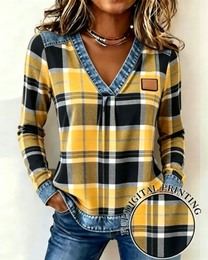 Topp V-Hals Rutete Denim Patchwork
