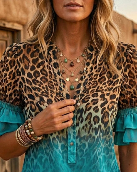 Leopardmønstret V-Hals Gradient Rysje Bluse