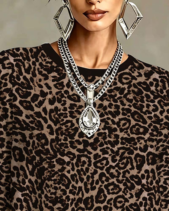 Topp Leopard Lang Erme Rundhalset