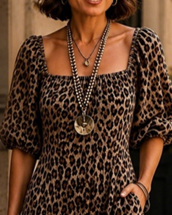 Kjole Firkantet Hals Leopard Mote