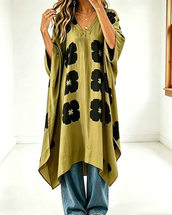 Kjole Trykk V-Utringning Flagermuserme Loose Fit
