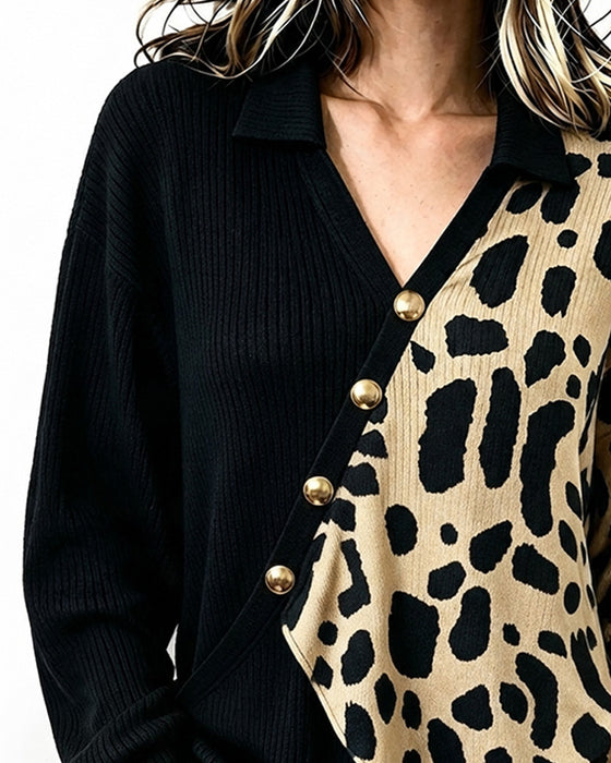 Pullover Leopard Patchwork Asymmetrisk Knappestolpe Fargeblokk