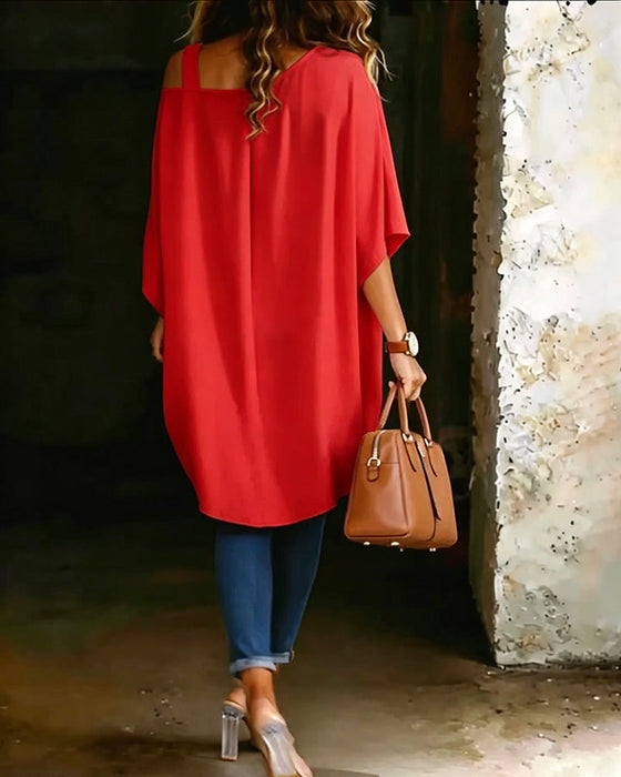 Bluse Asymmetrisk Cold Shoulder Ensfarget Avslappet