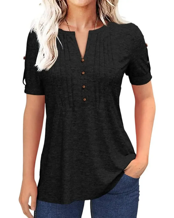 T-Shirt Plissert Henley Kort Erme
