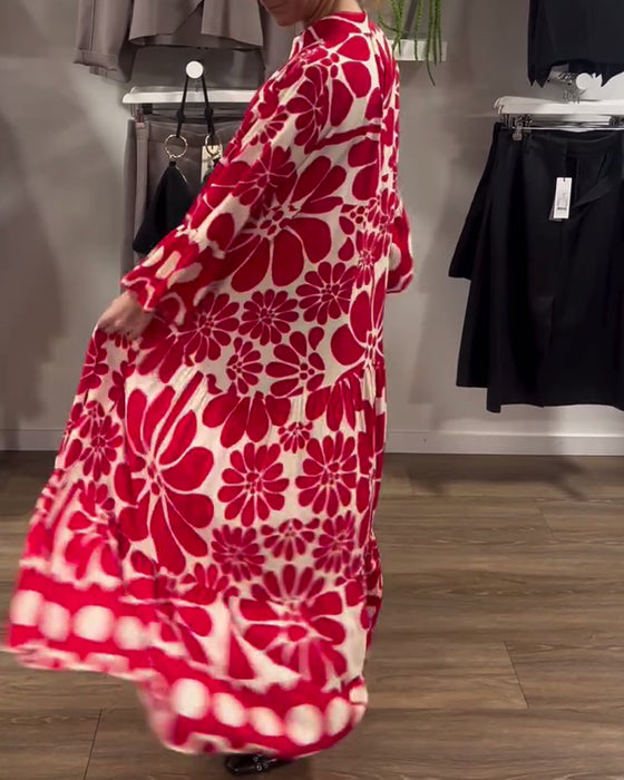 Kjole V-Hals Løs Plus Size Med Blomstertrykk