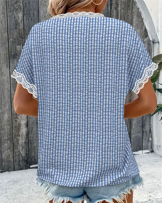 Bluse Rund Hals Blonder Lappverk Stripete