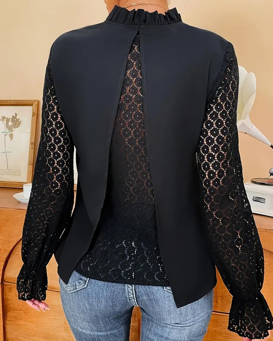 Bluse Med V-Hals Blonder Og Lange Ermer