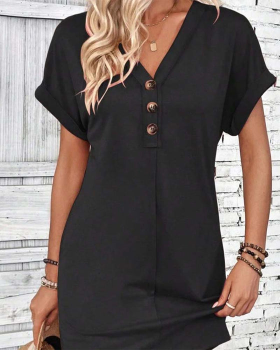 Kjole V-Utringning Knappefront Solid Casual