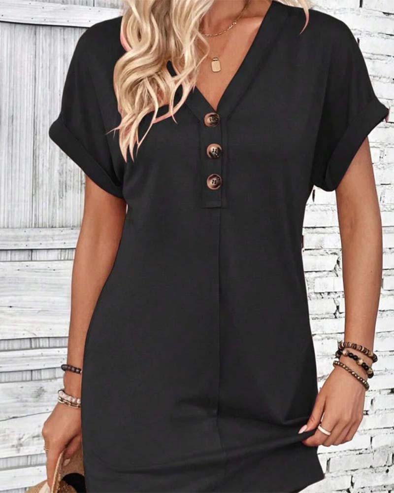 Kjole V-Utringning Knappefront Solid Casual