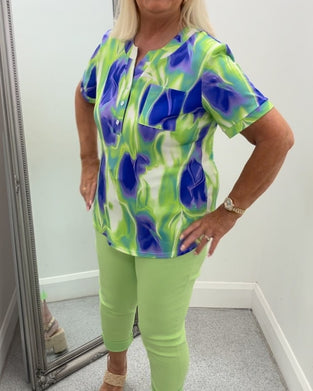 Bluse Henley Hals Ombre Trykk Kort Erme Lomme