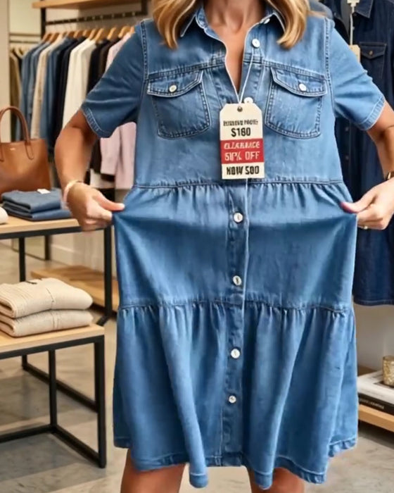Kjole Denim Ruffle Lag Kort Erme