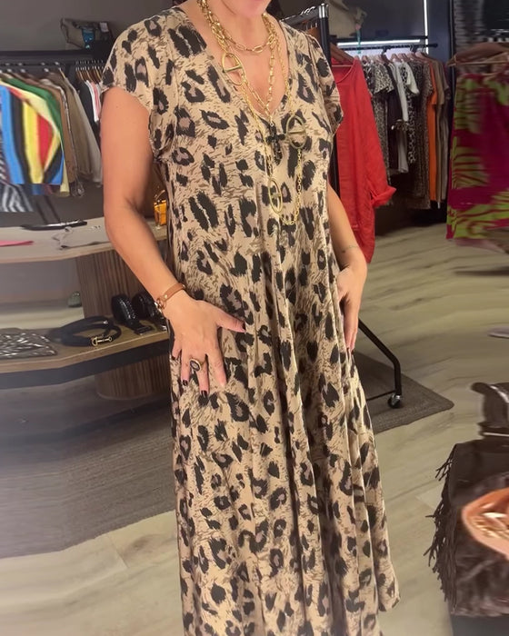 Kjole V-Hals Leopard Full Skjørt