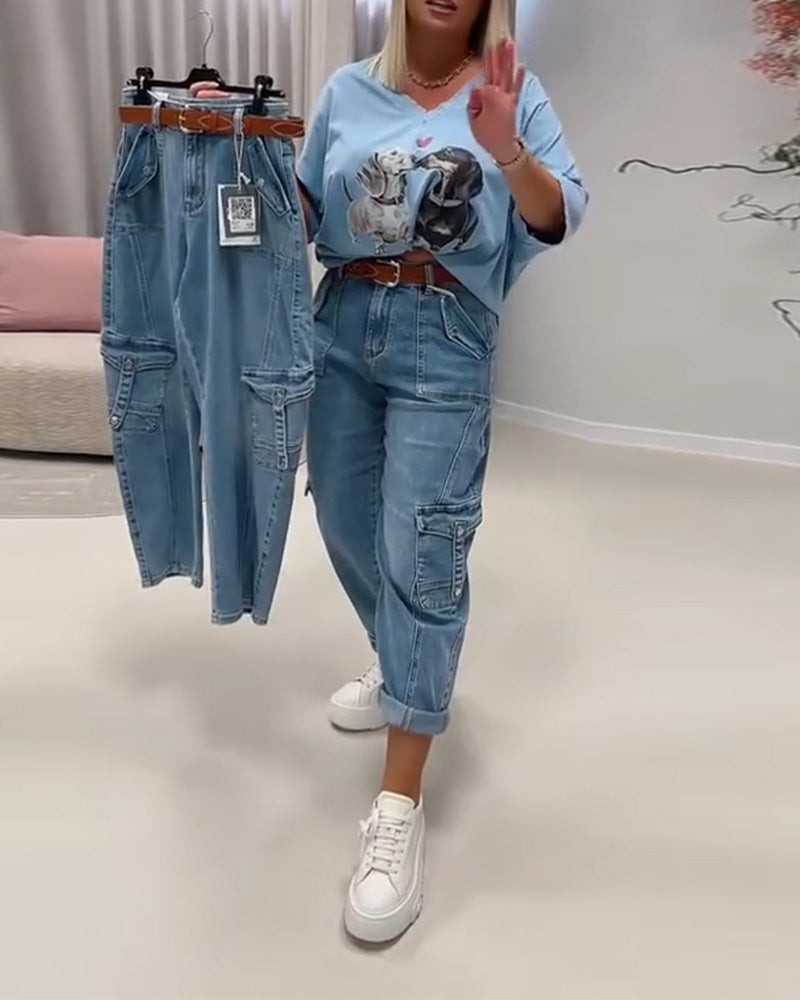Jeans Høy Midje Cargo Stil