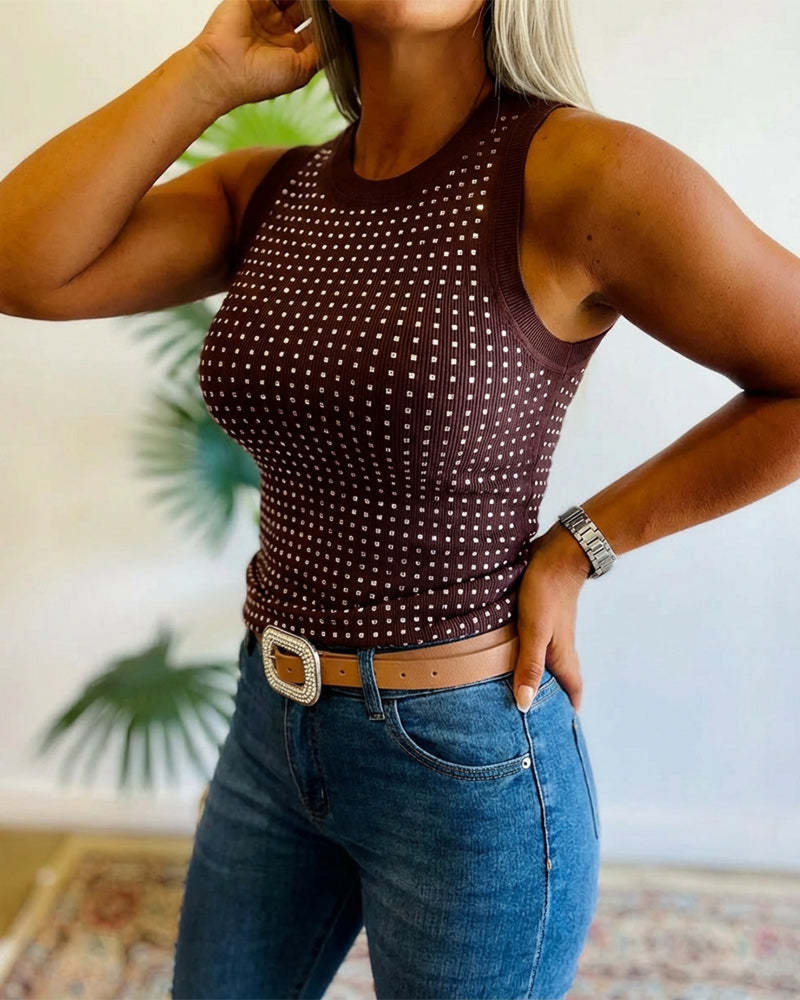 Tanktopp Ensfarget Ribbet Strass Tettsittende