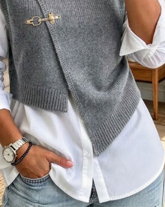 Sett Halv Turtleneck Diagonal Knappet Genser Vest