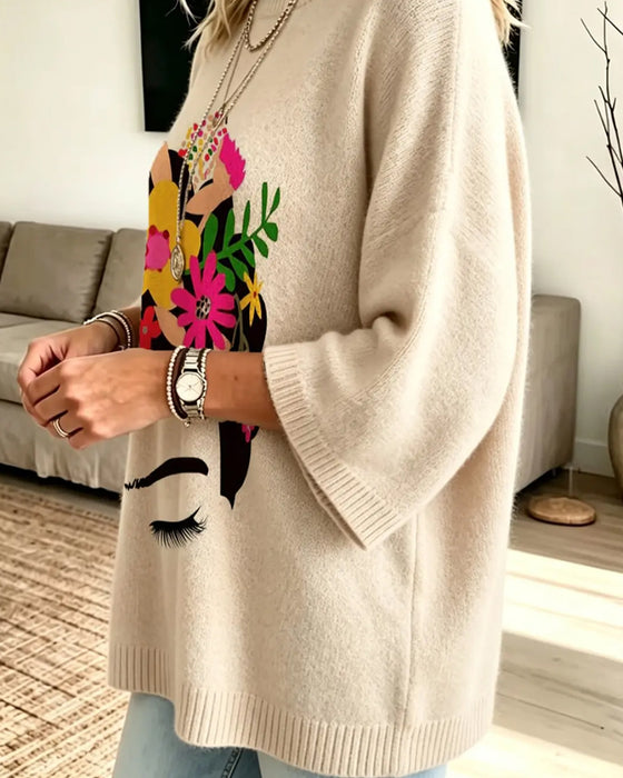 Loose Fit Ansikt Blomstret Trykk Pullover