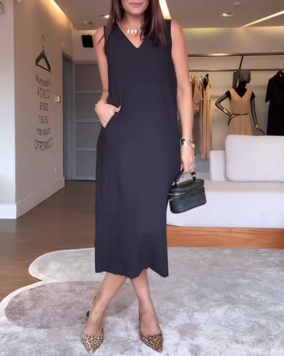 Kjole avslappet v-hals ermeløs ensfarget splitt