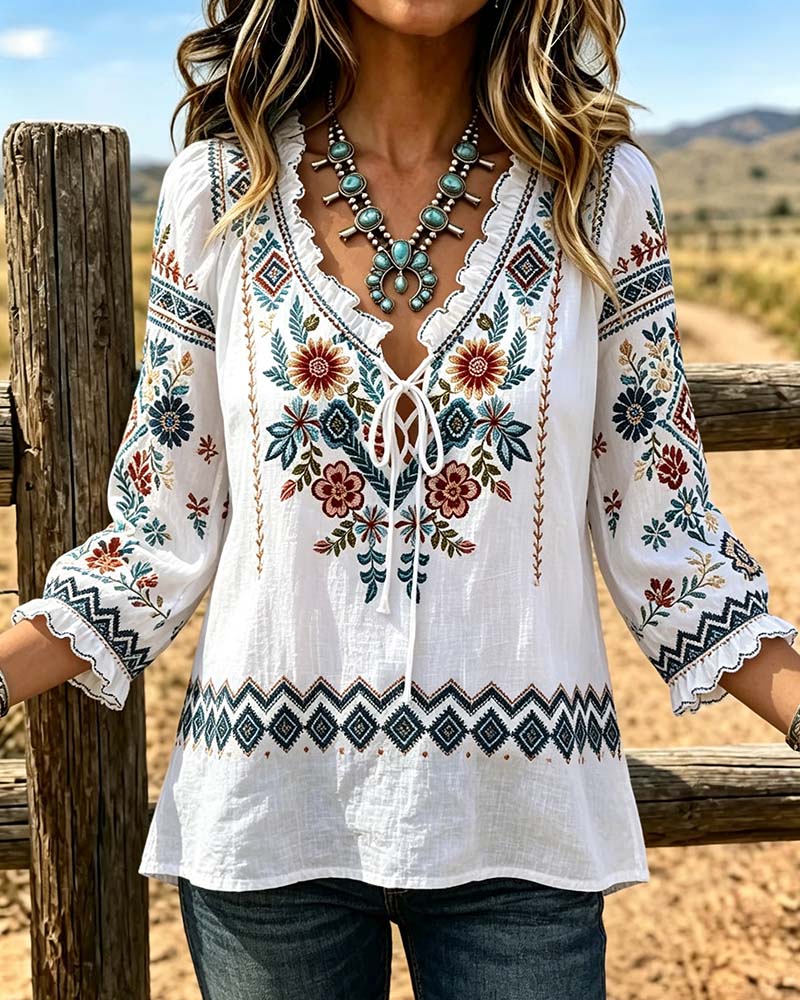 Bluse V-Hals Bohemisk Ruffle