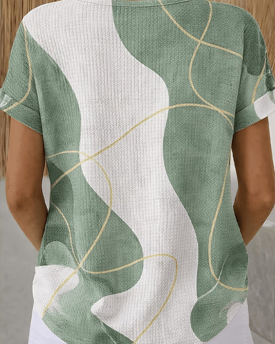 Bluse Med Rundhals, Knapper, Kontrastfargede Linjer