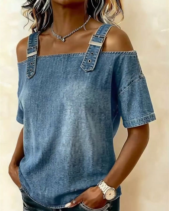 Bluse Off-Shoulder Med Skulderstropp Denim