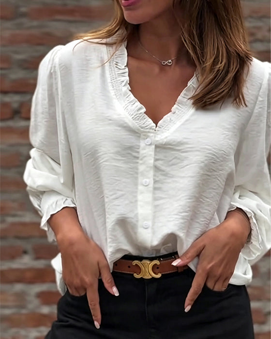 Bluse V-Hals Knapp Foran Ruffle Puffererme