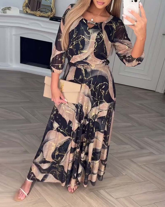 Kjole Elegant Trekvarts Erme Trykket Midje