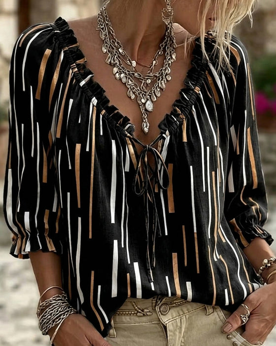 Bluse V-Hals Ruffle Trim Stripe