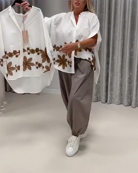 Bluser Blomstret Trykk Mandarin Krage Løs